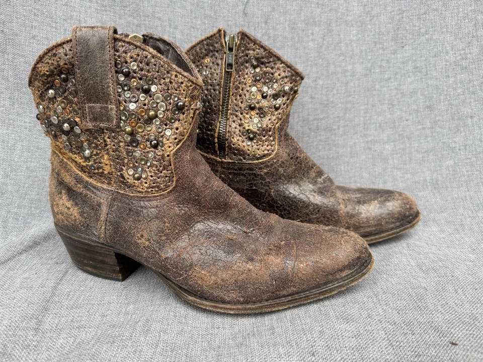 Frye Deborah Botas Cortas Mujer 8M Marrón Occidental Cremallera Tachonado Envejecido España Foto 1 de 4