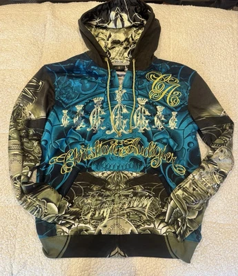⚜️ RARO Christian Audigier Sudadera con Capucha con Cremallera XL Azul Dorado Lámina Satinada Nuevo sin Etiquetas Ed Hardy Foto 1 de 4