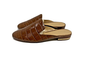 Michael Kors Natasha Leather Croc Embossed Slides Shoes Brown Womens Size 7.5M