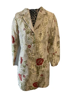 Apostrophe trench coat women size 12 gold collared floral button down red - Picture 1 of 8