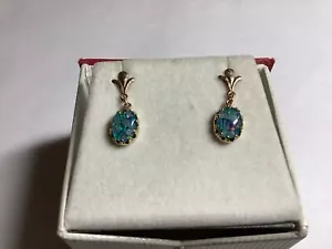14k Yellow Gold Colorful Mosaic Fire Opal Gemstone Dangle Drop Earrings Vtg FS - Picture 1 of 6