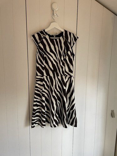 Abito MICHAEL KORS marrone e bianco zebrato righe aderente e svasato taglia 4 = UK 8 10 oro zip