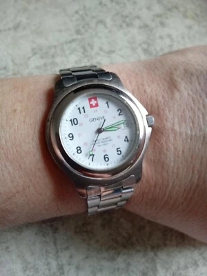 Reloj Geneve Hombre Acero Inoxidable Plata Batería 24hr Fecha 50m Cuarzo Blanco Foto 1 de 4