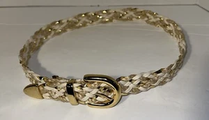 Gold and White Braided Belt Goldtone Metal Buckle And Tip 33.5” Total Length - Picture 1 of 10