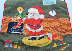 vtg Wool Needlepoint Petit Point Christmas Pillow Cover santa cat 13" Jabara E - Picture 1 of 16