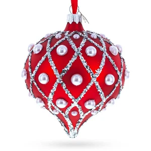 Pearl on Diamond Grid on Red Onion-Shape Finial Glass Christmas Ornament - Picture 1 of 4
