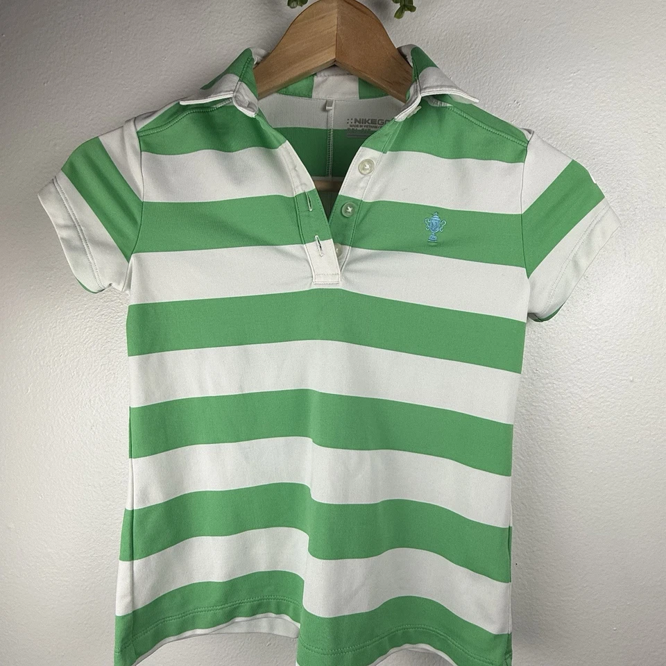 Camisa polo Nike Golf Dri-Fit para niñas talla pequeña a rayas verdes y blancas Foto 1 de 4