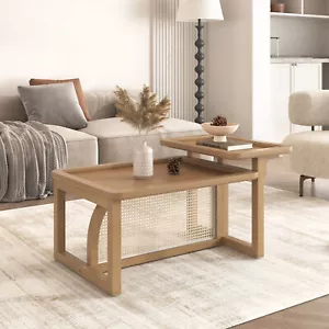 Modern Tea Table 2 Piece Nesting Rattan Wood+ MDF Coffee Table Set Natural - Picture 1 of 20