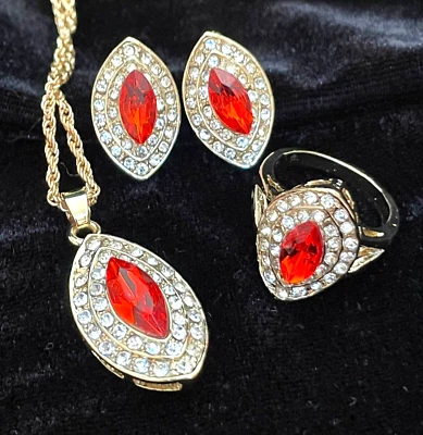 Faux Ruby Red Clear Rhinestones 3 pc Necklace Pendant Earrings Ring Size 8.5 Set - Image 1 of 4