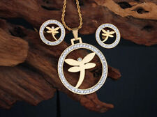 Jewelry Set Stainless Steel Crystal Stone Dragonfly Pendant Necklace Earrings