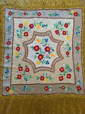Vtg Hungarian Hand Embroidered Floral Matyo Tablecloth Topper Gold Fringe 50x52" - Image 1 of 4