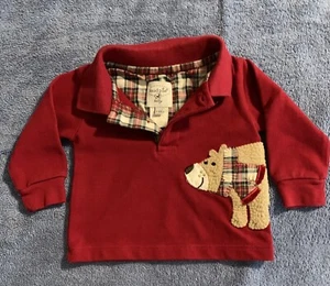 Mud Pie Baby Boys 0-6 Months Red Long Sleeve Polo Shirt Fuzzy Brown Holiday Bear - Picture 1 of 4