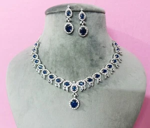 Indian CZ Choker Necklace Earrings Blue Statement Necklace Jewellery Wedding Set - Picture 1 of 6