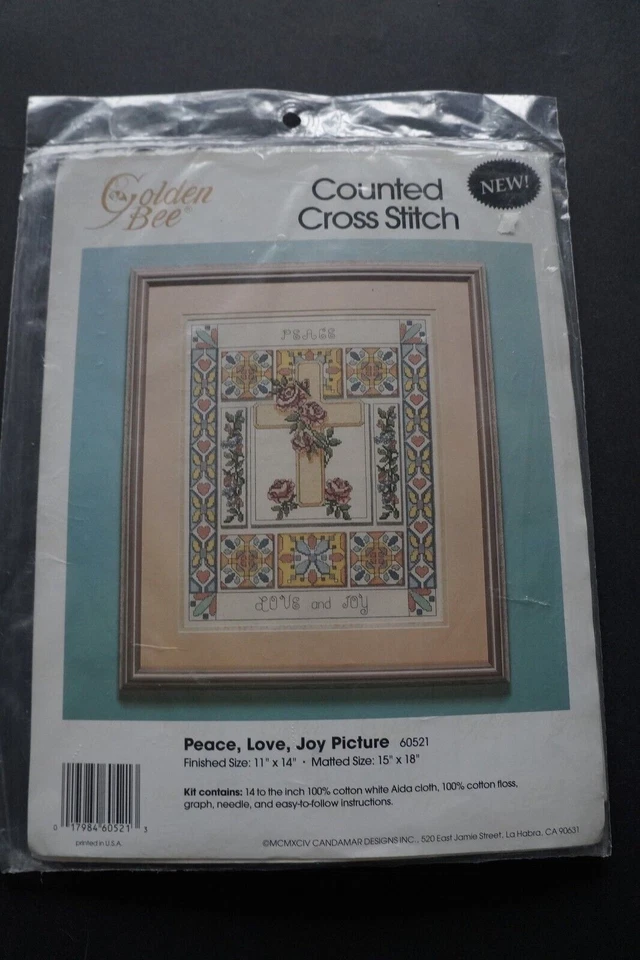Golden Bee Peace Love Joy Cross Religious Stamped Counted Cross Stitch Kit - Image 1 of 1