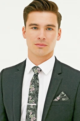 Grey Men's Tie & Hankie Floral Pink Hanky Napkin Silver Black Silk Pocket Square - image 1 of 4