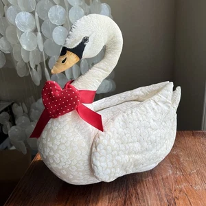 Vintage Handmade Swan Plush Bird White Elegant Beautiful 12” Red Bow, Ships Now - Picture 1 of 12