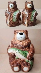 Cookie Jar Canister Vintage WCL Bear with Trout Brown Green & Salt Pepper Set - Picture 1 of 24
