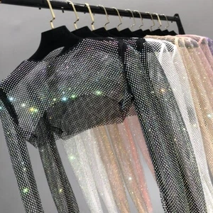 Glitzer Damen Langarm Netz Crop Top Strass Netz Shirt Cover Up Transparent - Bild 1 von 17