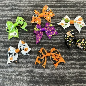 Halloween Hair Clip Bow Lot Of 7 Girls Ribbon Hair Pin Barrette Black Cat New - Picture 1 of 9