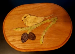 Carved Wood Bird and Pinecone Wall Hanging Plaque Chickadee by Jack Sallee - Picture 1 of 4