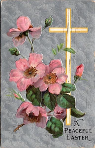 Vtg 1910s A Peaceful Easter Cross Pink Flowers Embossed Silver Floral Postcard - Picture 1 of 2