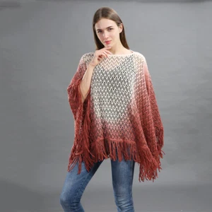 Lady Poncho Wrap Shawl Cape Top Blouse Cloke Cloak Knit Crochet Gradient Tassels - Picture 1 of 25