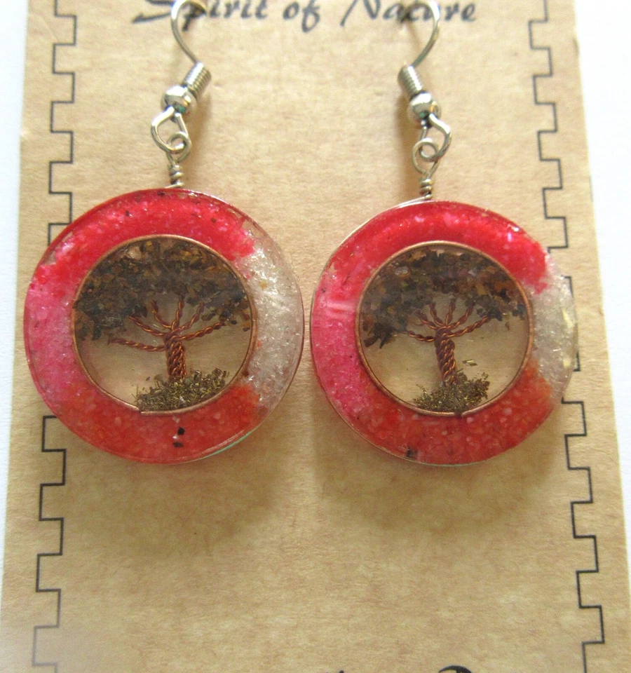  Pendientes Espíritu de la Naturaleza -Árbol de la Vida - Circulares - Piedras acrílicas astilladas - Rosa Foto 1 de 1