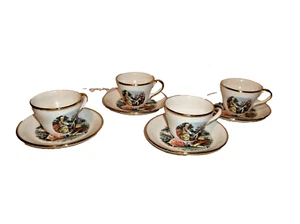 DEMITASSE COURTING COUPLE SET OF 4 CUP & SAUCERS 22 KARAT GOLD RIM VINTAGE - Picture 1 of 4