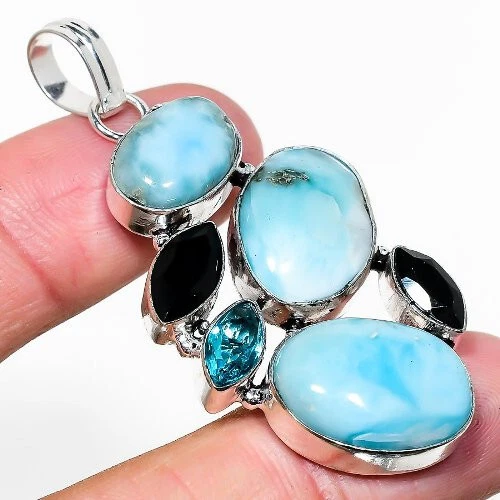 Natural Larimar Onyx Gemstone Silver Plated Cluster Pendant Jewelry 2.5" - Изображение 1 из 1