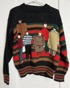 Vintage Black Knit Sweater 80's J.P. Sport People Small Unisex Red Brown Green - Picture 1 of 10