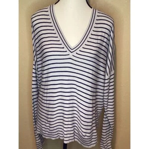 Athleta Navy and Beige Striped Sweater; 55% Silk Long Sleeve V-Neck WLarge - Picture 1 of 7