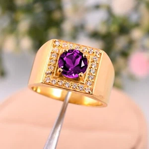 Natural Amethyst Gemstone With 925 Sterling Silver Gold Plated Ring Men's Ring. - Picture 1 of 3