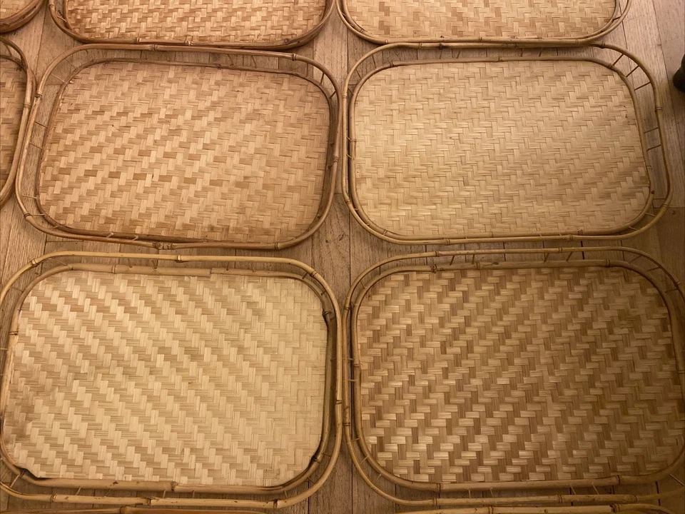 CONJUNTOS de 4 bandejas para servir de mimbre de ratán tejido bambú MCM vintage Tiki Bar 19 x 13 Foto 1 de 4