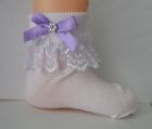 GIRLS WHITE FRILLY LACE SOCKS SIZE LOTS OF SIZES PURPLE BOWS