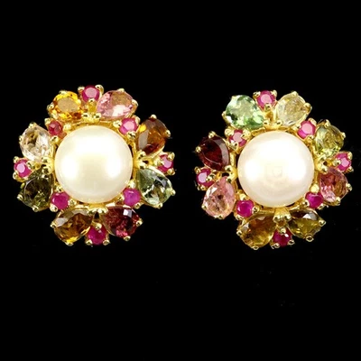 Pendientes de plata de ley 925 pera turmalina rubí perla piedras preciosas naturales joyería Foto 1 de 4