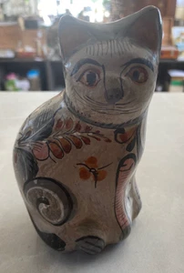 Mexican Tonala Cat Sculpture Folk Art Flower Pattern - Picture 1 of 7