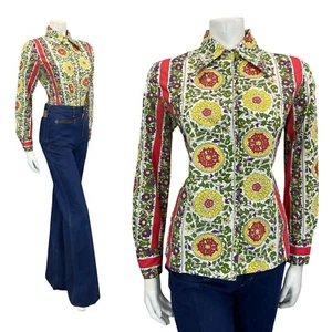 CAMICIA VINTAGE ANNI 60 70 FLOREALE GEOMETRICA FOLK FOGLIA MANDALA BIANCO ROSSO VERDE GIALLO 14 - Foto 1 di 12