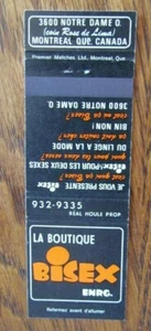 CLOTHING STORE MATCHBOOK COVER: BOUTIQUE BISEX (MONTREAL, QUEBEC) -G23 - Picture 1 of 1