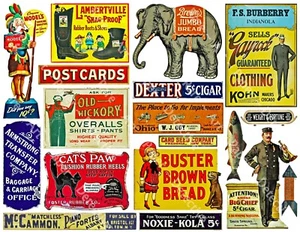 VINTAGE ADVERTISING Sticker Sheet, 18 Reproduction General Store & Hobby Signs - Picture 1 of 1