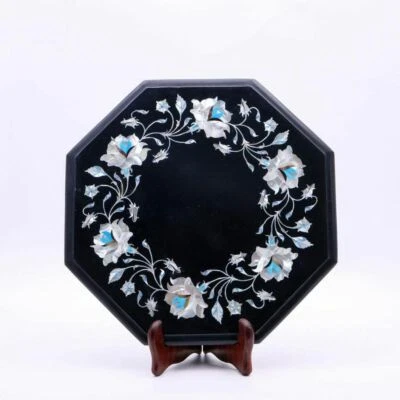 12" Marble Corner Table Top Pietra Dura Floral Inlay work Home / Office Decor - Image 1 of 3