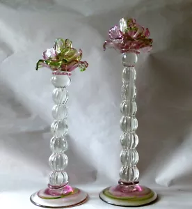 2 candelabri vintage veneziani in vetro soffiato Floriform 14" con rose rosa verde - Foto 1 di 8
