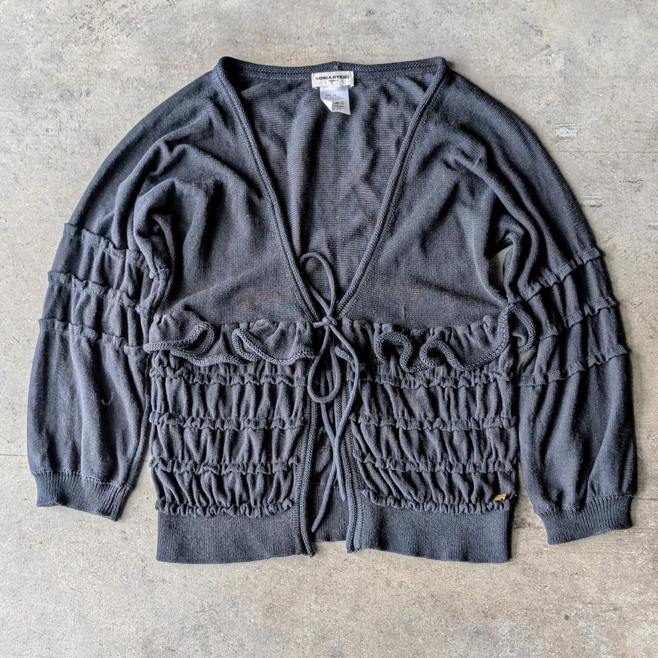 Suéter cárdigan Sonia Rykiel negro tejido de algodón con volantes y corbata frontal talla 36 Foto 1 de 4