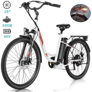 500W 48V Electric Bike 26in Cruiser EBike Step Thru Commuter Bicycle 20mph White - Picture 1 of 13