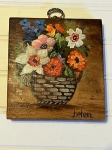 2 Vtg 70s Floral Autumn Bouquets Wood Painting Plaques Wall Art Signed 5” - Picture 1 of 4