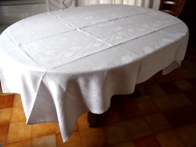 ancienne nappe blanche damassée en lin brodée " AS " - Photo 1/4