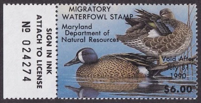 MATT'S STAMPS US SCOTT #16, $6 MARYLAND STATE DUCK STAMP 1989 MNH - Image 1 of 3
