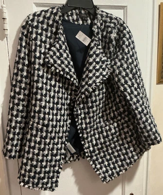Ann Taylor Open Jacket Blazer S  Boucle Tweed Navy Blue White Fringe Sz M NWT - Image 1 of 4