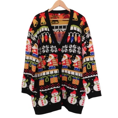 Cardigã UGLY Fair Isle Natal Suéter Férias Papai Noel Bonecos de Neve Tamanho XL Preto - Imagem 1 de 4