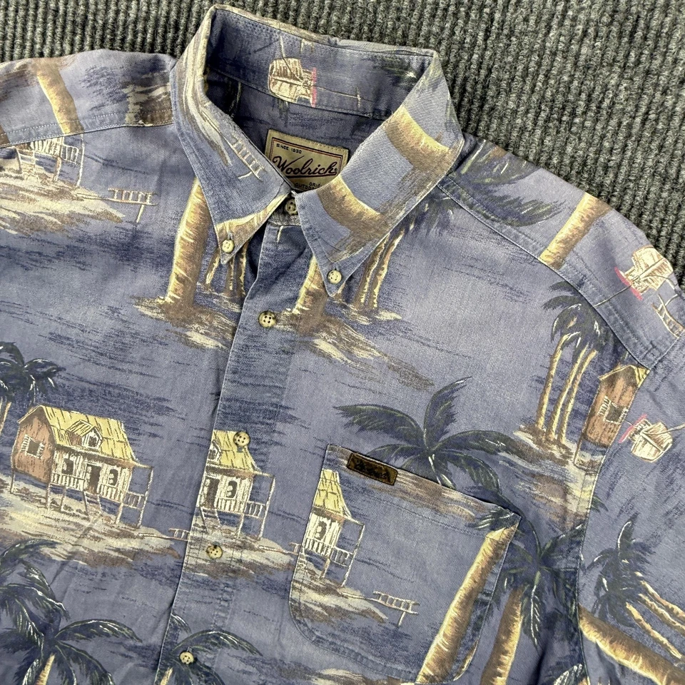Camisa de Colección Woolrich Para Hombres Grande Azul Hawaiana Aloha Abotonada Algodón Palmeras Foto 1 de 4