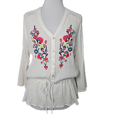 Top vintage América marfil bordado encaje gasa cordón XL Foto 1 de 4